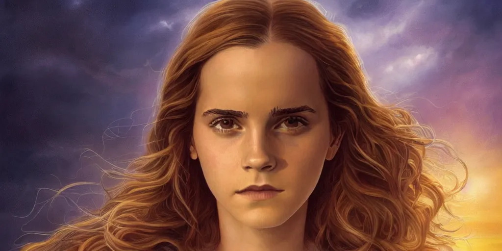 Image similar to Surreal. Vivid. Emma Watson as Hermione Granger. Beautiful. Golden. Hazel. Rays of light. WLOP!!!. Sunset. Captivating. James Paick. Gustave Baumann. Guy Denning. Jean Delville. Clyde Caldwell. Andrew Ferez. John Harris. Extremely detailed. 4K.