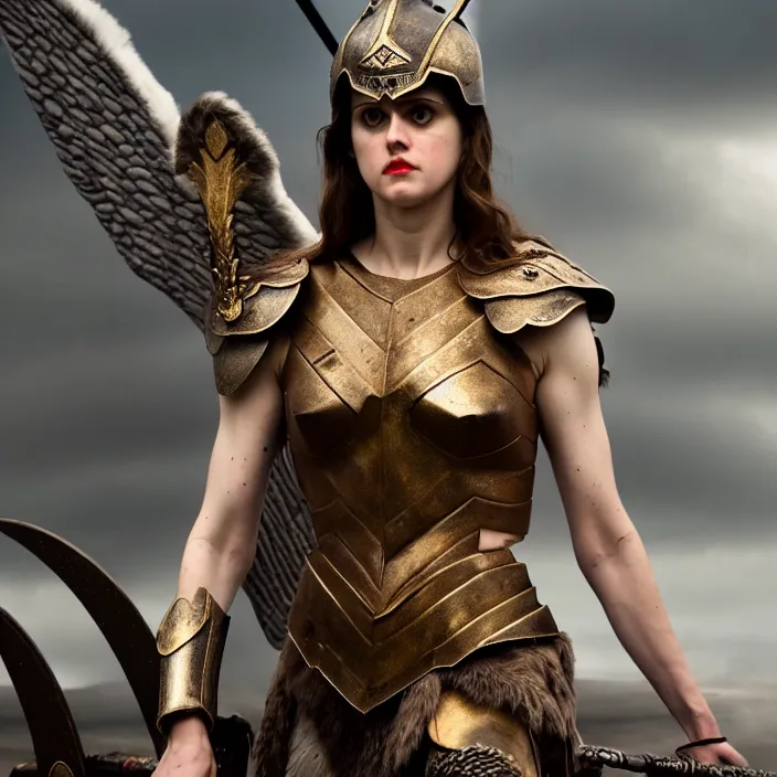 Image similar to full length photograph of a real-life alexandra daddario as a valkyrie warrior, Extremely detailed. 8k