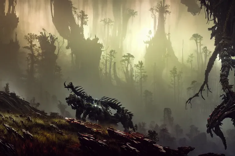 Image similar to wide epic shot from horizon forbidden west. a hyper detailed organic mechanic creatuve realistic similar look as horizon forbidden west horizon zero dawn, bioluminiscence in a dark deep forest at dawn in spring, with reflection and textures, by kilian eng, substance painter reaslitic mech surface metal painted scratches, world env from horizon forbidden west horizon zero dawn