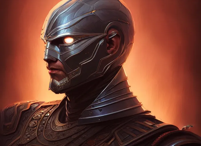 Image similar to portrait of a bonus head software man superhero man, d & d, armour! fantasy, intricate, elegant, highly detailed, digital painting, artstation, concept art, smooth, sharp focus, illustration, art by artgerm and greg rutkowski and alphonse mucha