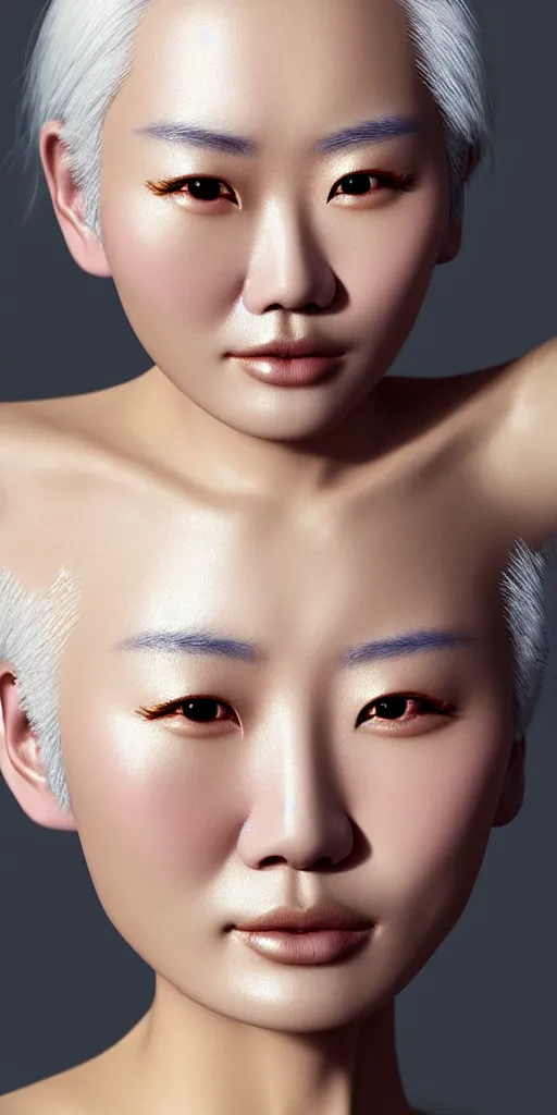 Prompt: hyperrealistic close-up of beautiful chinese woman with white hair and iridescent gold skin alberto mielgo