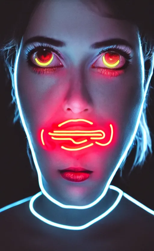 Image similar to A woman with glowing eyes, neon on black, Sony a7R IV, symmetric balance, polarizing filter, Photolab, Lightroom, 4K, Dolby Vision, Photography Award