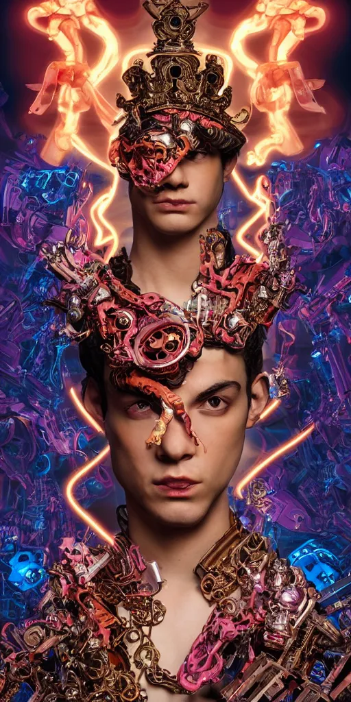 Image similar to baroque and cyberpunk style full-body sculpture of a young seductive Hispanic prince half android with a chest exposing a glowing ruby battery, glowing pink seductive laser eyes, crown of blue gears and diamonds, swirling salmon-colored silk fabric, robotic raptors dinosaurs. baroque elements. full-length view. intricate artwork by caravaggio. art by Artgerm and Greg Rutkowski and Alphonse Mucha, Trending on artstation, cinematic industrial lighting, photorealistic, octane render, 8k, depth of field, 3D