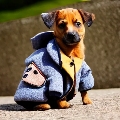 Image similar to puppy wearing a duffel coat