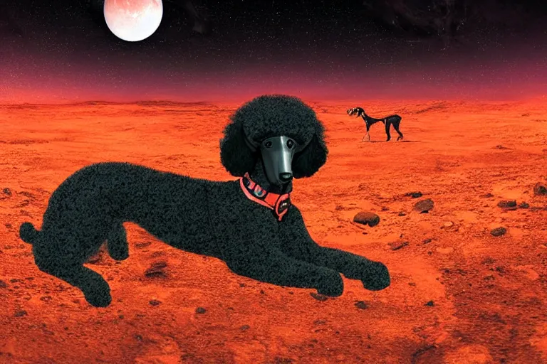 Image similar to a parti poodle with black and white fur laying down on mars. distant background, red lighting, digital art, acrylic, colorful, ominous, bleak, moonlight, bokeh, depth of field, synthwave, psychedelic, glitch, acrylic, flooko, detailed, cybernetic, sci-fi, glows,