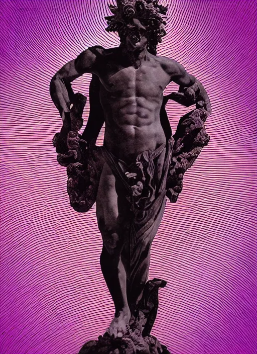 Image similar to elegant dark design poster showing a large greco roman statue of dionysus, black background with very subtle red and purple design elements, bold, powerful, soft gradients, nekro, vito acconci, thin straight purple lines, dark, glitch art, neo vaporwave, gritty, layout frame, square, trending on artstation