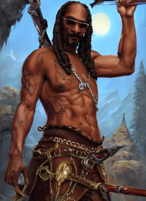 Prompt: snoop dogg as a barbarian, short beard, grumpy, Ivan Aivakovsky, Boris Vallejo, epic fantasy character art, D&D Concept Art, full length, Realistic, Regal, Refined, Detailed Digital Art, Oil Paining, Exquisite detail, post-processing, masterpiece, Cinematic Lighting, Unreal Engine, 8k, HD, Stanley Artgerm Lau, WLOP, Rossdraws, Frank Frazetta, Andrei Riabovitchev, Marc Simonetti, trending on artstation,