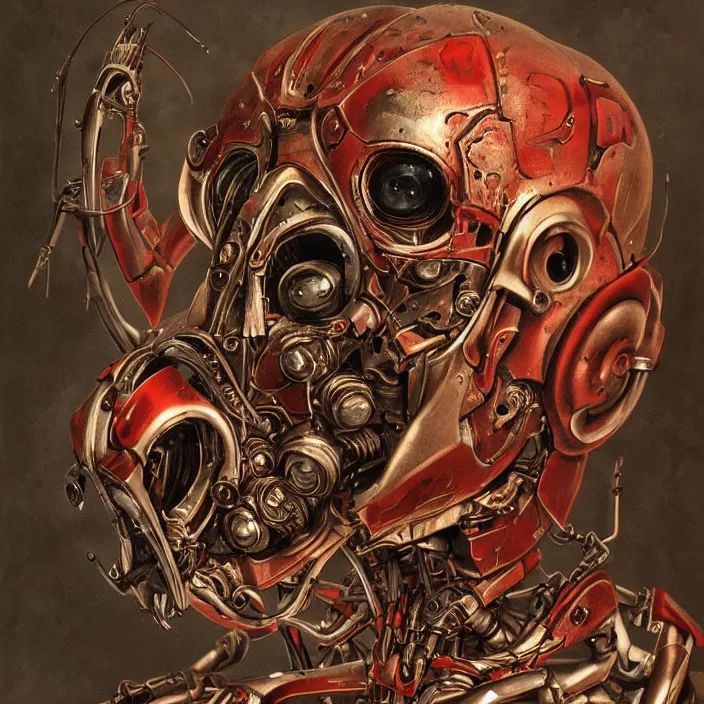 Prompt: in the art style of H.R. Giger a portrait of an evil, demented, battle-damaged ruby Ultron from Age of Ultron, clockwork steampunk, head and chest only, by Beksinski, 4k, deviantart, trending on artstation, bio-chemical, bionic, fiber-optics, wires, electrical, short circuit, robocop, terminator, t-800, T-1000, endoskeleton, steampunk