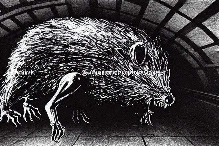 Image similar to very large giant mutant zombie irradiated ( angry rat ) staying on railways in tonnel of moscow subway. tonnel, railways, giant angry rat, furr, fangs, claws, very realistic. extreme long shot, 1 6 mm lens, herman nitsch and herman nitsch, giger.