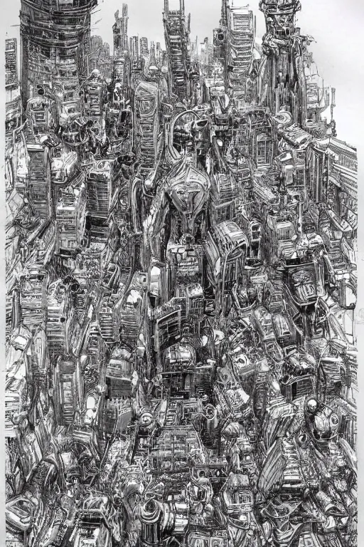 Image similar to The world's most intricate and detailed drawing of a futuristic city with mechas fighting aliens, by Kim Jung GI. HD.