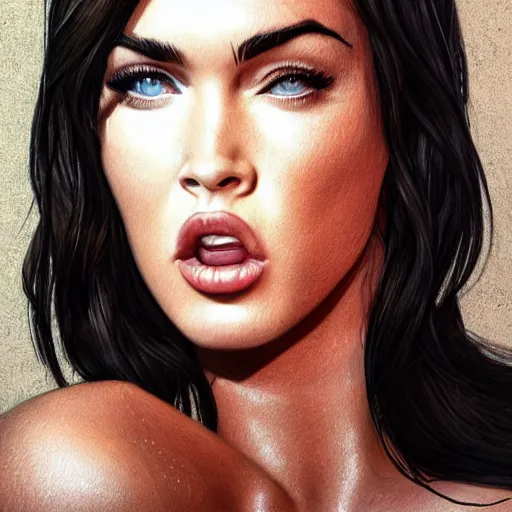 Image similar to megan fox sticking her tongue out, hyperrealistic portrait, photo realistic, poster, artstation, volumetric lighting, digital art, very detailed face, instagram photos