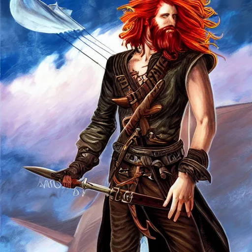 Image similar to an epic fantasy comic book style portrait painting of a long haired, red headed male sky - pirate in front of an airship