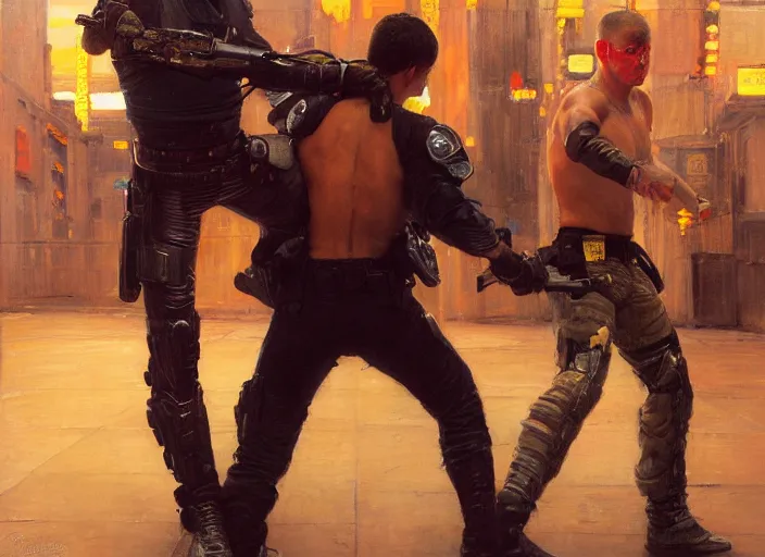 Image similar to Javier fights sgt Nash. Cyberpunk kickboxer in orange jumpsuit fighting menacing police troopers (blade runner 2049). attractive face. Epic painting by john william waterhouse and Edwin Longsden Long and Theodore Ralli and Nasreddine Dinet, oil on canvas. Cinematic, hyper realism, realistic proportions, dramatic lighting, high detail 4k