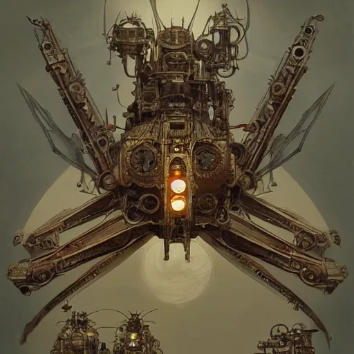 Prompt: Large steampunk mechanical spider, sci-fi art by alphonse mucha and greg rutkowski, highly detailed, digital painting, concept art, illustration, dim lighting, trending on artstation, very detailed, smooth, sharp focus, octane render