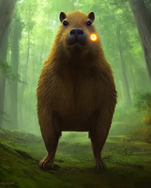 Prompt: oil painting of Anthropomorphized Capybara Druid, casting green nature magic spell, glowing eyes, sharp focus, fantasy style, octane render, volumetric lighting, 8k high definition, by greg rutkowski, highly detailed, trending on art Station, magic the gathering artwork, magical forest backround, centered