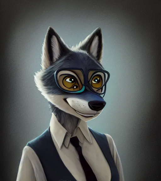 Prompt: oil painting portait of anthromorphic female wolf, in style of zootopia, zootopia, zootopia, fursona, furry, furaffinity, 4 k, deviantart, furry art, fursona art, wearing black business suit, business suit, in style of zootopia, wolf fursona, cyberpunk, female, expressive detailed feminine face,