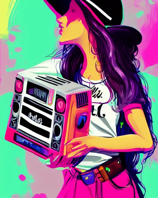 Prompt: a skater girl wearing a baseball cap holding a boombox in her right hand. paint splashes, outrun, vaporware, shaded flat illustration, digital art, trending on artstation, highly detailed, fine detail, intricate