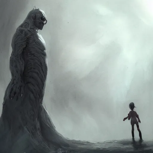 Image similar to a beautiful terrifying immense pale humanoid giant looms over a tiny human. ethereal horror fantasy art, artstation, detailed, realistic