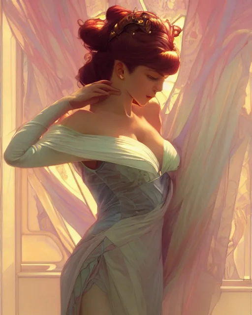 Image similar to princess, posing, vaporwave, bedroom, highly detailed, digital painting, artstation, concept art, smooth, sharp focus, illustration, art by artgerm and greg rutkowski and alphonse mucha