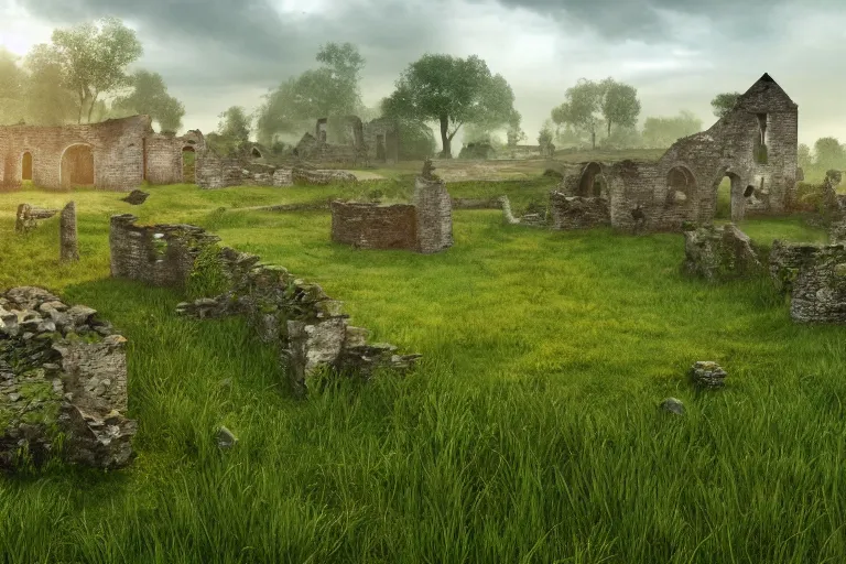 Prompt: a grass land and ruins and small fixed bustling village, 4 k, 8 k, photorealistic landscape, landscape imagery, 4 k luminous lighting, volumetric lighting,
