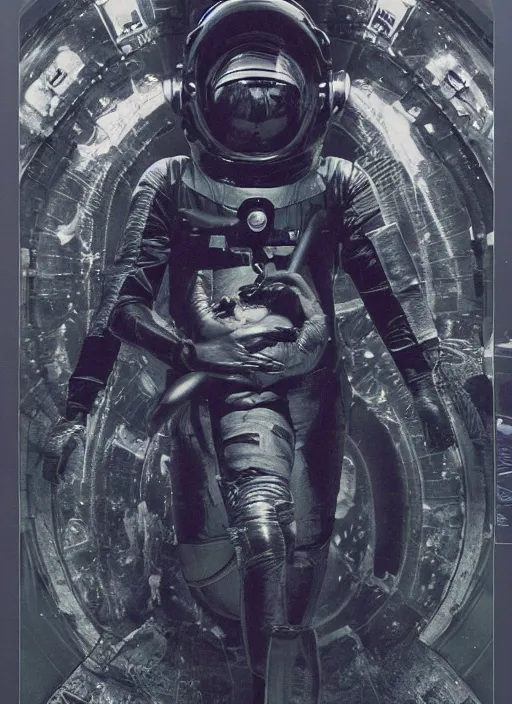 Image similar to astronauts in dark and empty void underwater - complex composition and hyperdetailed technical suit. reflection and dispersion materials. rays and dispersion of light. volumetric light. 5 0 mm, f / 3 2. noise film photo. flash photography. ultra realistic, wide angle. poster by wayne barlowe, hajime sorayama aaron horkey, craig mullins. polaroid.