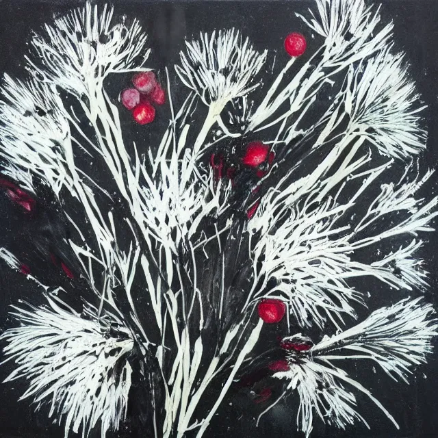 Prompt: “ black paint, negative space, a portrait in a female art student ’ s apartment, australian wildflowers, sensual, queer woman, flax, flannel flower, bottlebrush, eucalyptus, art supplies, a candle dripping white wax, clay, squashed berries, berry juice drips, acrylic and spray paint and oilstick on canvas, surrealism, neoexpressionism ”