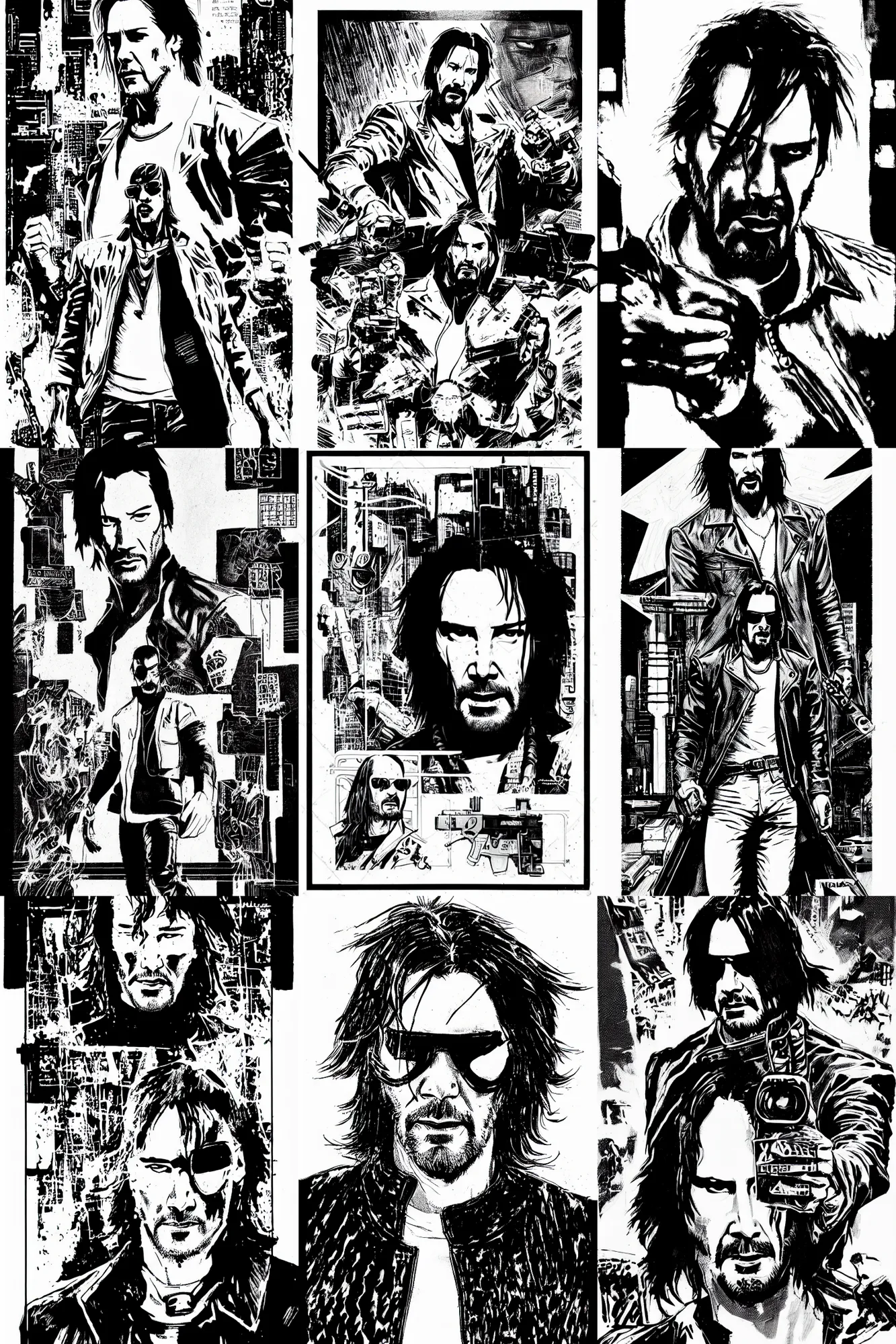 Prompt: keanu reeves, a page from cyberpunk 2 0 2 0, style of paolo parente, style of mike jackson, adam smasher, johnny silverhand, 1 9 9 0 s comic book style, white background, ink drawing, black and white, mid - shot