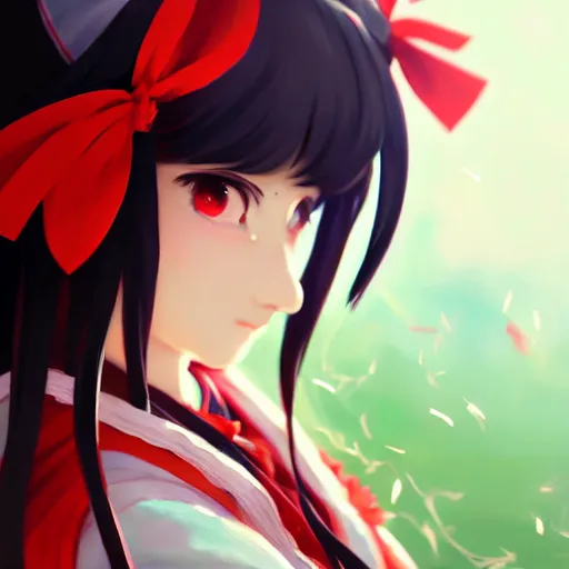 Prompt: artwork portrait of reimu hakurei from touhou project, sparkling eyes reimu hakurei touhou artwork by greg rutkowski makoto shinkai sakimichan key art 4 k 8 k ultrahd trending award winning smling