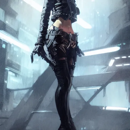 Image similar to full body portrait of an elf woman with elf ears wearing a leather jacket, cyberpunk digital art, dramatic lighting, illustration by Greg rutkowski, yoji shinkawa, 4k, digital art, concept art, trending on artstation