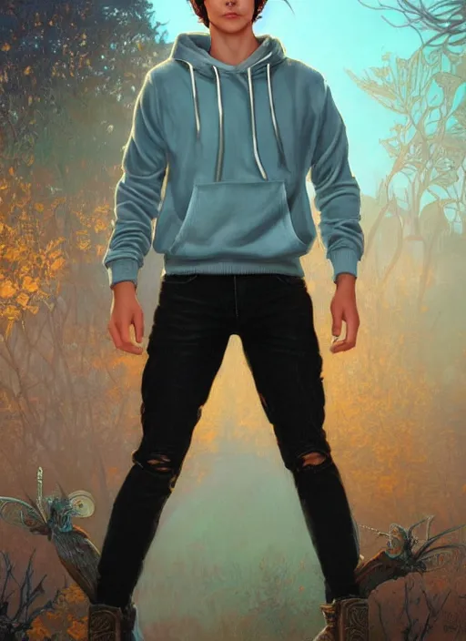 Prompt: handsome young man with short black hair, light blue eyes, detailed neighbourhood background, magical atmosphere, tarot card, glowing, golden hour, wearing jeans and a black hoodie, realistic painting by ross tran and gerald brom and alphonse mucha, trending on artstation