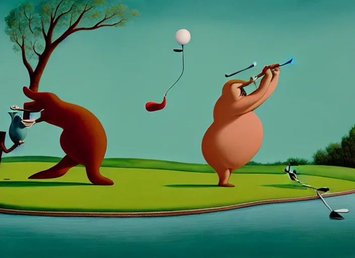 Prompt: matte sharp painting, surrealist, a walrus playing golf, juxtapoz, artforum, gary baseman, preston blair, tex avery, dan mumford, pedro correa