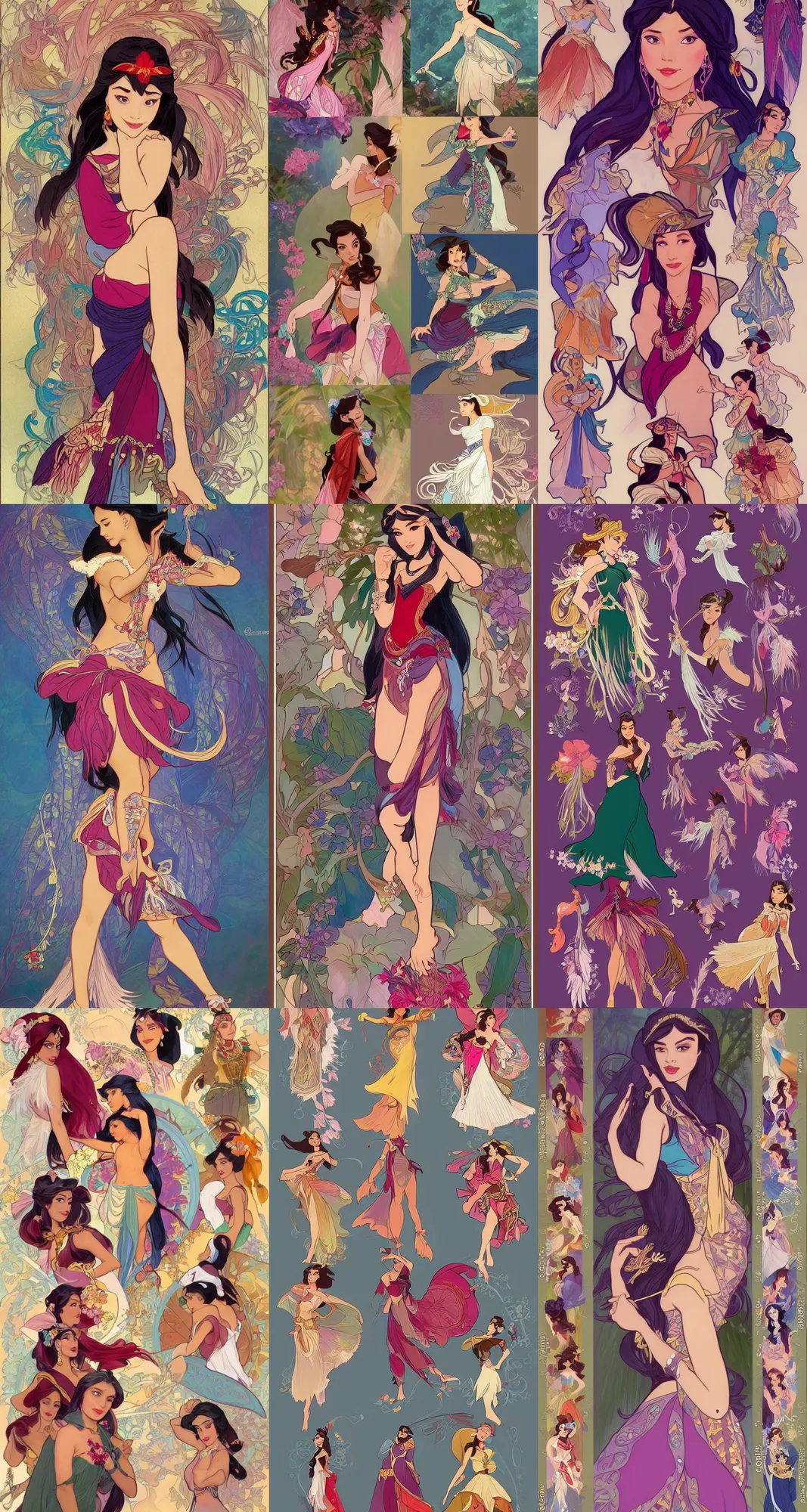 Prompt: Character concept fashion spot illustrations of Disney's Encanto and Pocahontas crossover, colorful, full-body, bloom, dynamic poses, diaphanous cloth, intricate crystalline and feather jewelry, ornate, filigree, arcane, cinematic lighting, by Artgerm, by Alphonse Mucha, by Bouguereau, by Sakimichan, fantasy, portfolio illustration, highly detailed, trending on Artstation, CGsociety, HQ, 8k, 35mm lens, f2.8, Bokeh,