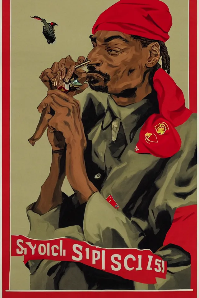 Prompt: an epic socialist realism poster of a singular communist snoop dogg in a red beret smoking a blunt for the proletariat