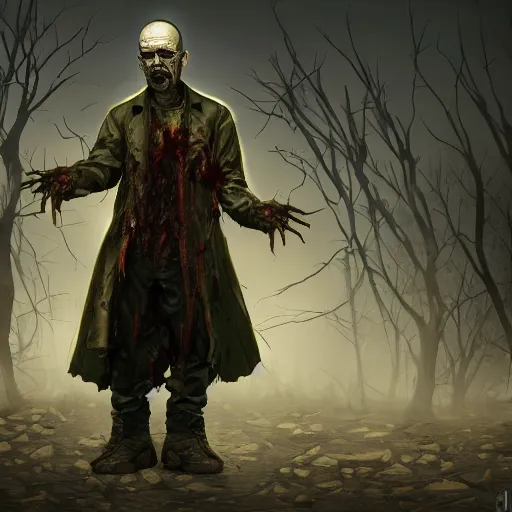 Image similar to Walter White, undead, zombie, full body shot, fantasy, medieval, vivid colors, elegant, concept art, sharp focus, digital art, Hyper-realistic, 4K, Unreal Engine, Highly Detailed, HD, Dramatic Lighting by Brom, trending on Artstation