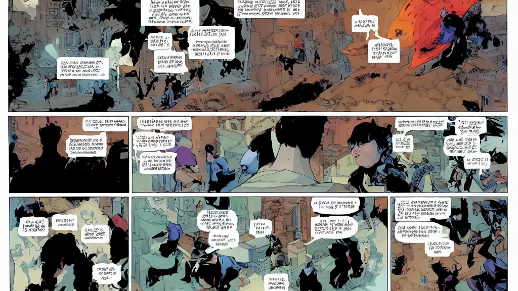 Prompt: Teaching a university class about comics to students in an irish university, sci fi comic two page spread !!without speech bubbles!! by Feng Zhu and Loish and Laurie Greasley, Victo Ngai, Andreas Rocha, John Harris