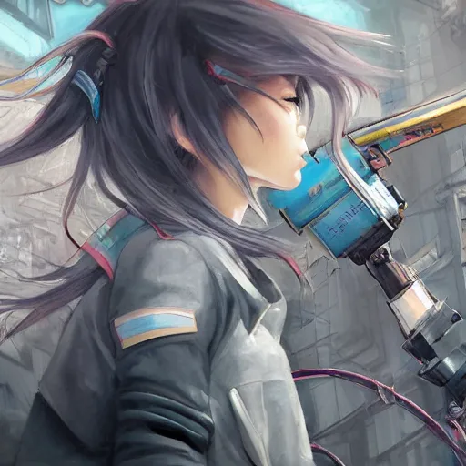 Image similar to dynamic composition, motion, ultra-detailed, incredibly detailed, a lot of details, amazing fine details and brush strokes, colorful and grayish palette, smooth, HD semirealistic anime CG concept art digital painting, watercolor oil painting of Clean and detailed post-cyberpunk sci-fi close-up schoolgirl in asian city in style of cytus and deemo, blue flame, relaxing, calm and mysterious vibes,, by a Chinese artist at ArtStation, by Huang Guangjian, Fenghua Zhong, Ruan Jia, Xin Jin and Wei Chang. Realistic artwork of a Chinese videogame, gradients, gentle an harmonic grayish colors. set in half-life 2, Matrix, GITS, Blade Runner, Neotokyo Source, Syndicate(2012), dynamic composition, beautiful with eerie vibes, very inspirational, very stylish, with gradients, surrealistic, dystopia, postapocalyptic vibes, depth of field, mist, rich cinematic atmosphere, perfect digital art, mystical journey in strange world