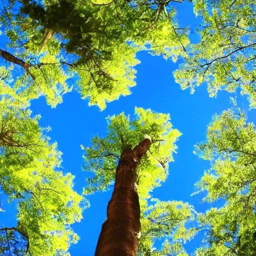Image similar to looking up into the tree canopy seeing the blue sky