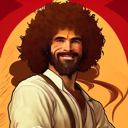 Image similar to an ultra detailed vector image of bob ross dressed as the prince of persia, concept art by alphonse mucha and greg rutkowski, bright red desert sands, bright yellow and red sun, octane render, praise the sun