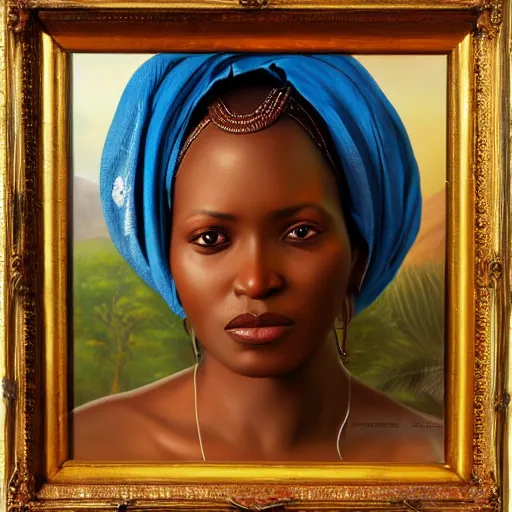 Image similar to portrait of a tanzanian woman ( 3 5 ) from tanzania, an oil painting by ross tran and thomas kincade