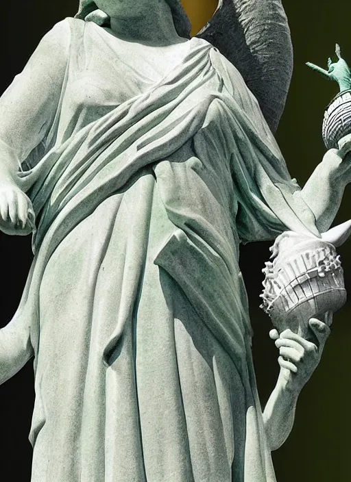 Prompt: A marble statue of a squirrel as a statue of liberty, holding an acorn in it's hand, museum photo