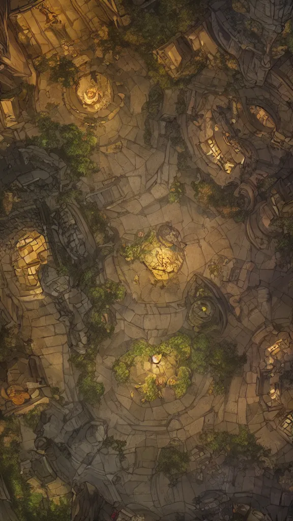 Image similar to wide establishing shot of a dungeons and dragons battle map, top view of inside of a great hall inside a castle, dynamic composition, dramatic lighting, trending on artstation, digital art, stylized painting