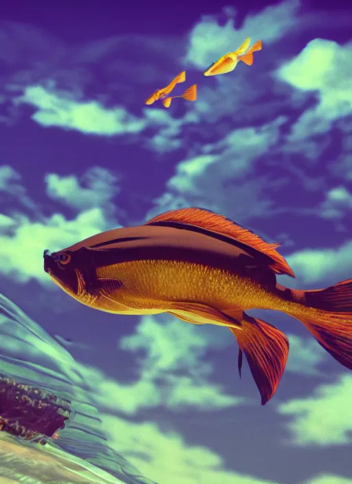 Prompt: fish flying through the clouds, sun, retro sci - fi style, vaporwave, movie still, cinematic, 8 k, unreal engine, 3 d render