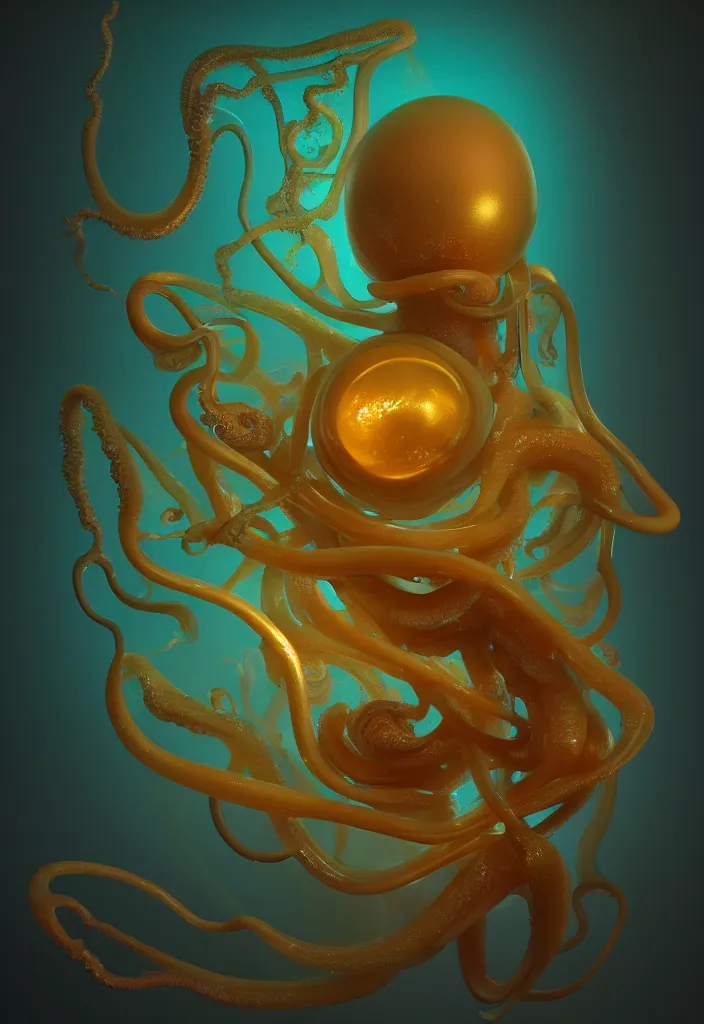 Image similar to subsurface scattering, alien made of soft wax, cgsociety, translucent, organic squid and ceramic art nouveau swirls, golden orbs, colored smoke, in the style of alberto seveso and ruan jia and beeple and giger, mystical colors, back light, rim light, dramatic lighting, 8 k, stunning scene, raytracing, octane render