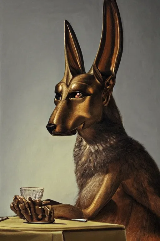 Image similar to portrait of Anubis sitting at a table, oil painting by wilson mclean, sharp focus, masterpiece, highly detailed