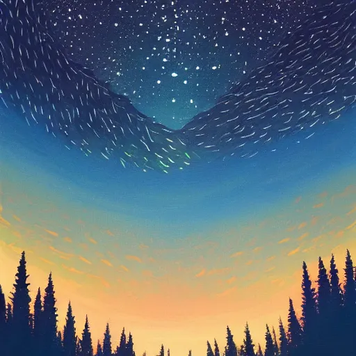 Prompt: a painting of a night sky with stars and trees, poster art by tim biskup, behance contest winner, space art, poster art, wallpaper, digital illustration