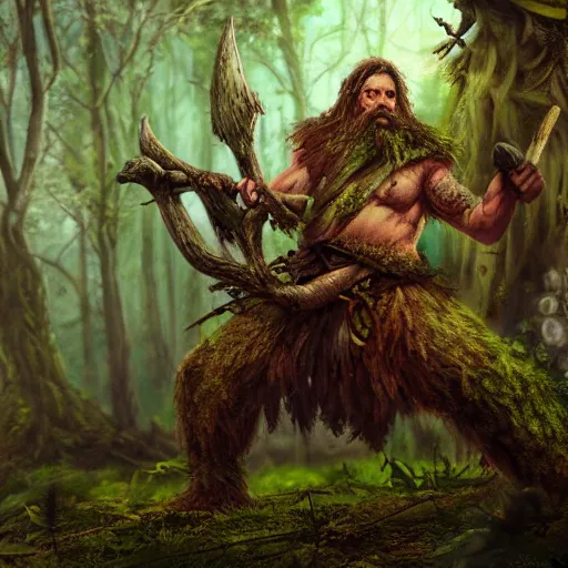 Prompt: Tree Druid, in the forest, wielding an axe, battle pose, dungeons and dragons, masterpiece, 4k, digital art, unreal engine, high quality render, trending on artstation