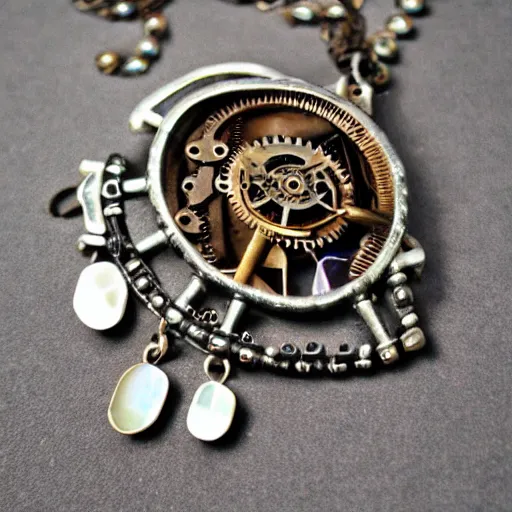 Image similar to steampunk jewelry with mother of pearl