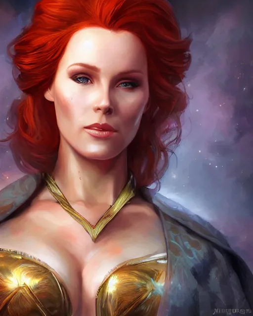 Prompt: a stunning portrait of triss merigold as queen, digital art by julie bell and artgerm and ross tran and angel ganev, medium shot portrait, highly detailed, trending on artstationhq