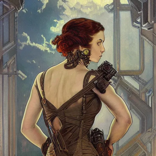 Image similar to a dieselpunk painting in the style of donato giancola, and in the style of charlie bowater, and in the style of alphonse mucha. symmetry, smooth, sharp focus, semi - realism, intricate detail.