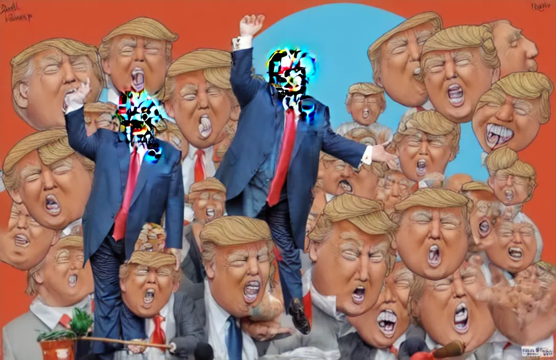 Image similar to donald trump as an oompa loompa, in the style of kim jung gi